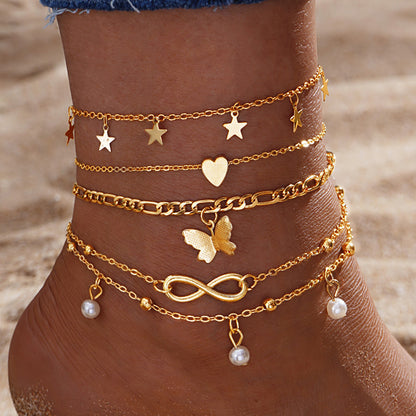 Butterfly Pearl Heart Anklet Set