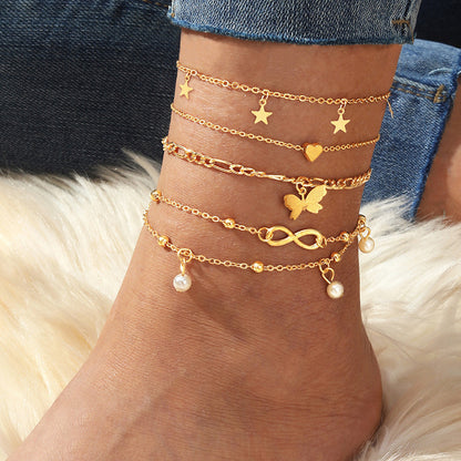 Butterfly Pearl Heart Anklet Set
